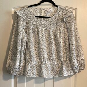 LC Lauren Conrad Floral Smocked Blouse - White and Blue